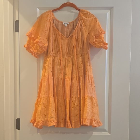 &merci Dresses & Skirts - Vibrant Orange Eyelet Dress with Puff Sleeves